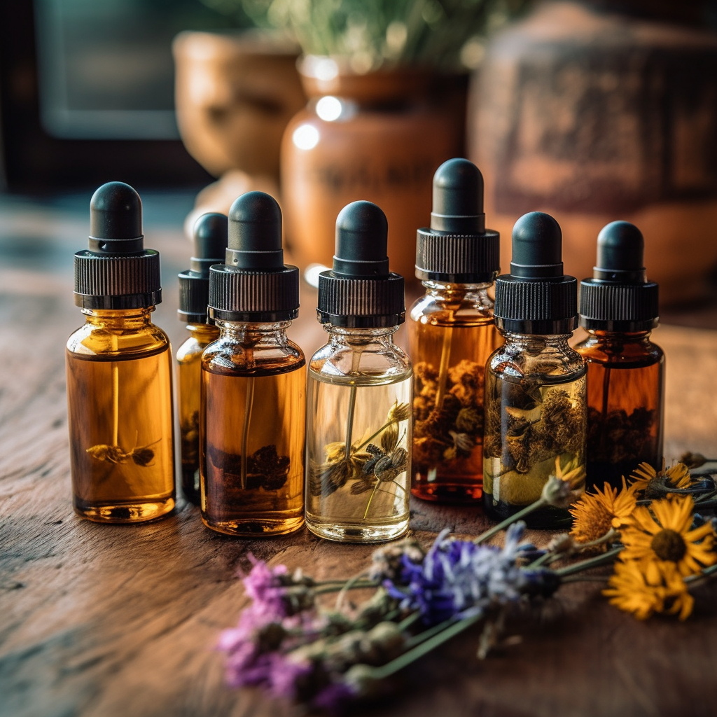 a group of bottles of essential oils with flowers