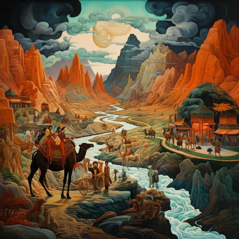 a painting of a landscape with a river and people riding on a camel